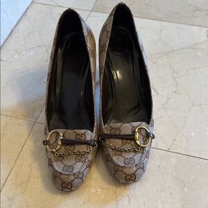 Gucci Brown Monogram Heels with Gold Accent